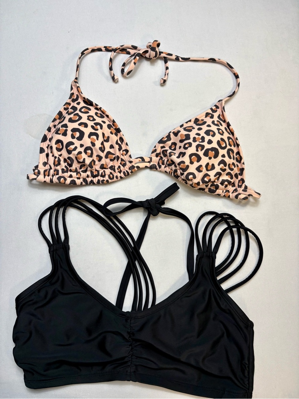 Leopard Print Triangle Bikini Top & Black Strappy Swim Bralette